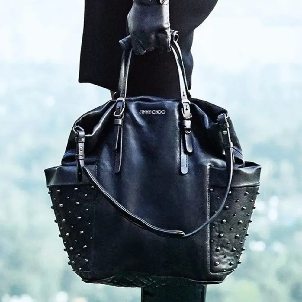 Jimmy Choo Blare Studded Shoulder Purse Satchel Tote Bag Black Glossy Leather
